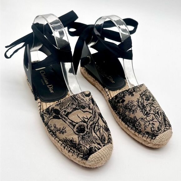 Dior Embroidered Canvas & Leather Ankle Tie Espadrille Flats EU 37.5 US 7.5 - Picture 1 of 11
